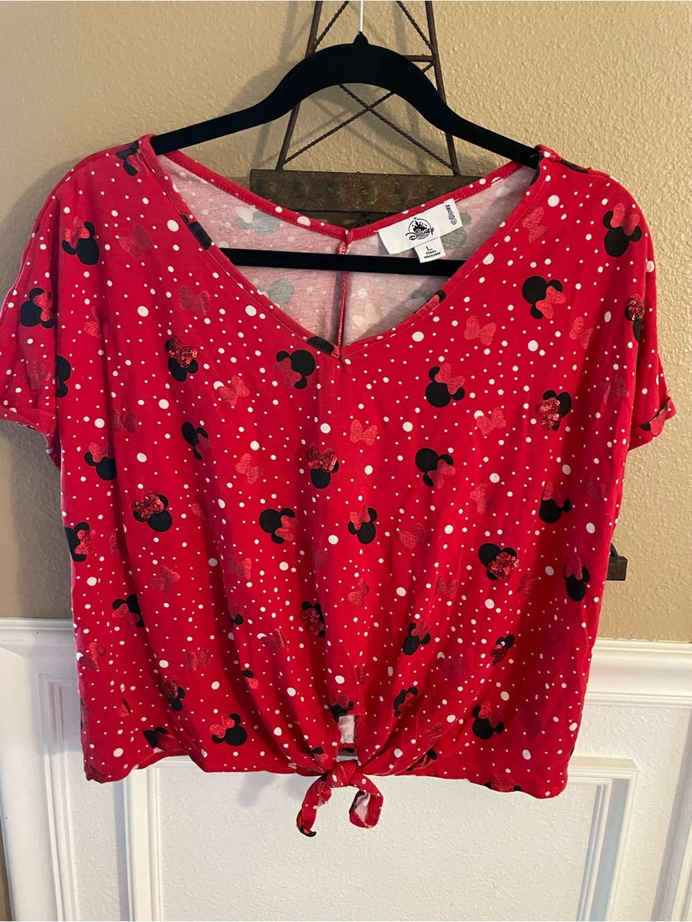 Disney Parks Minnie Ears Sequin Tie Crop Top Womens Large